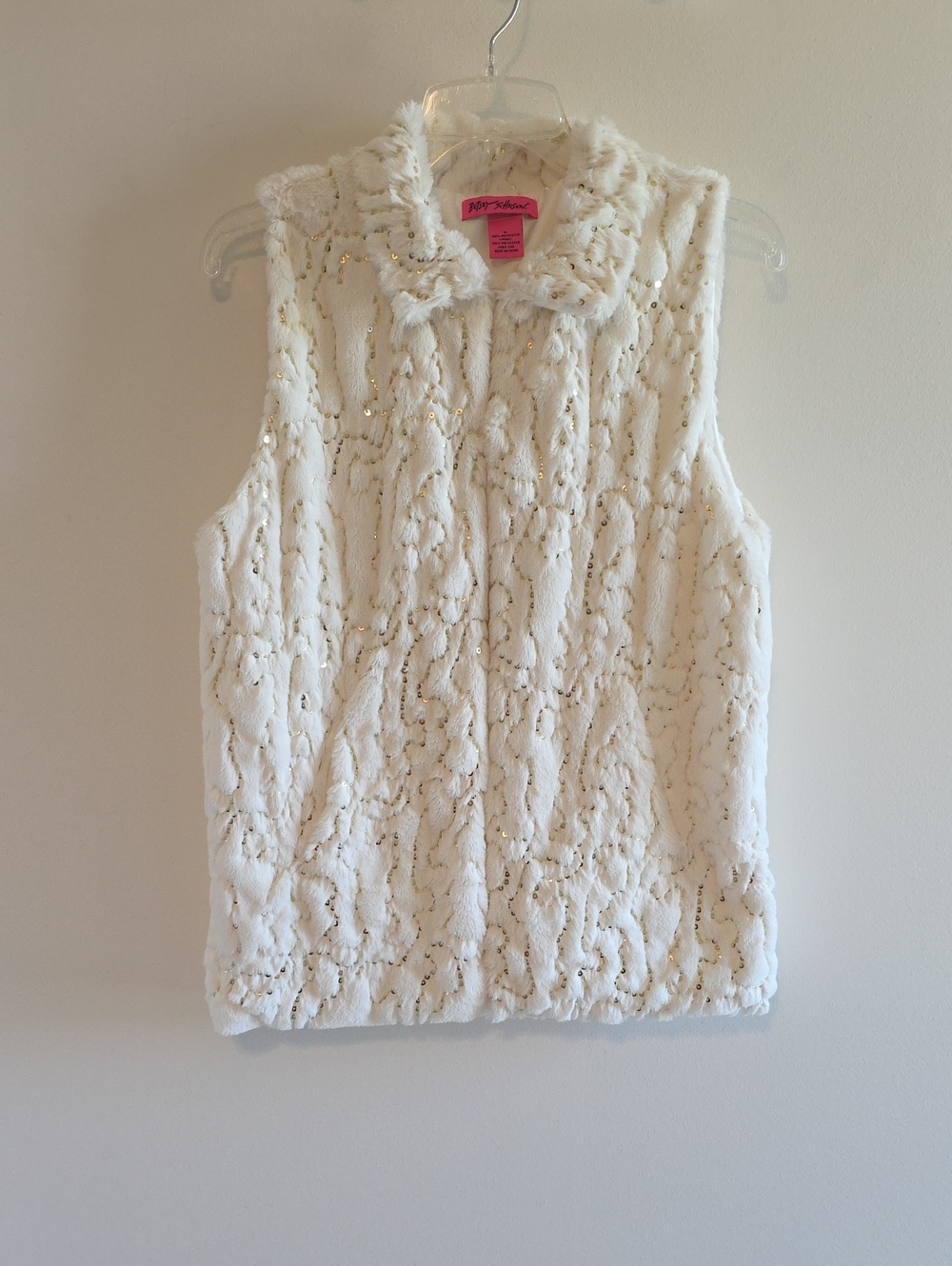 Betsey Johnson Faux Fur Vest Womens M Off-White Goldtone Sequins Poly Lining